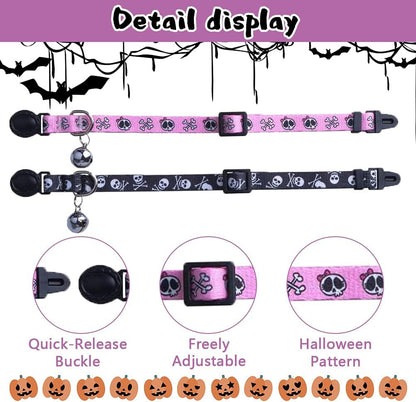 Breakaway Cat Collar with Bell Charm, 2 Packs Adjustable Kitty Collars Pink & Black Skull Pattern, 7.8-11.8 In